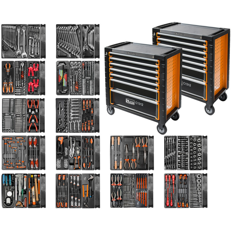 Dwa wózki narzędziowe szafka wyposażenie 736 elementów 7 szuflad Richmann